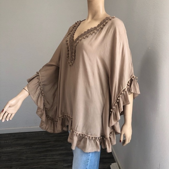 BALI QUEEN relax blouse V-neck tunic, boho tan - Picture 1 of 12